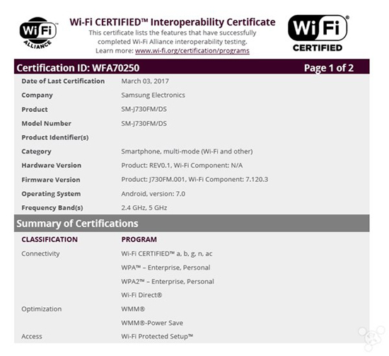 即将上市！2017款三星Galaxy J7获WiFi认证