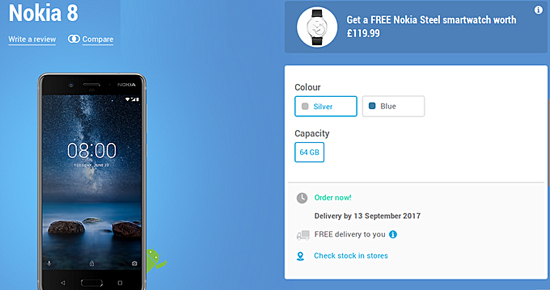 诺基亚8在英售价4218元，购买即送Nokia Steel手表