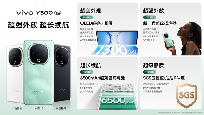 600%外放音量+6500mAh大电池，千元机vivo Y300发布